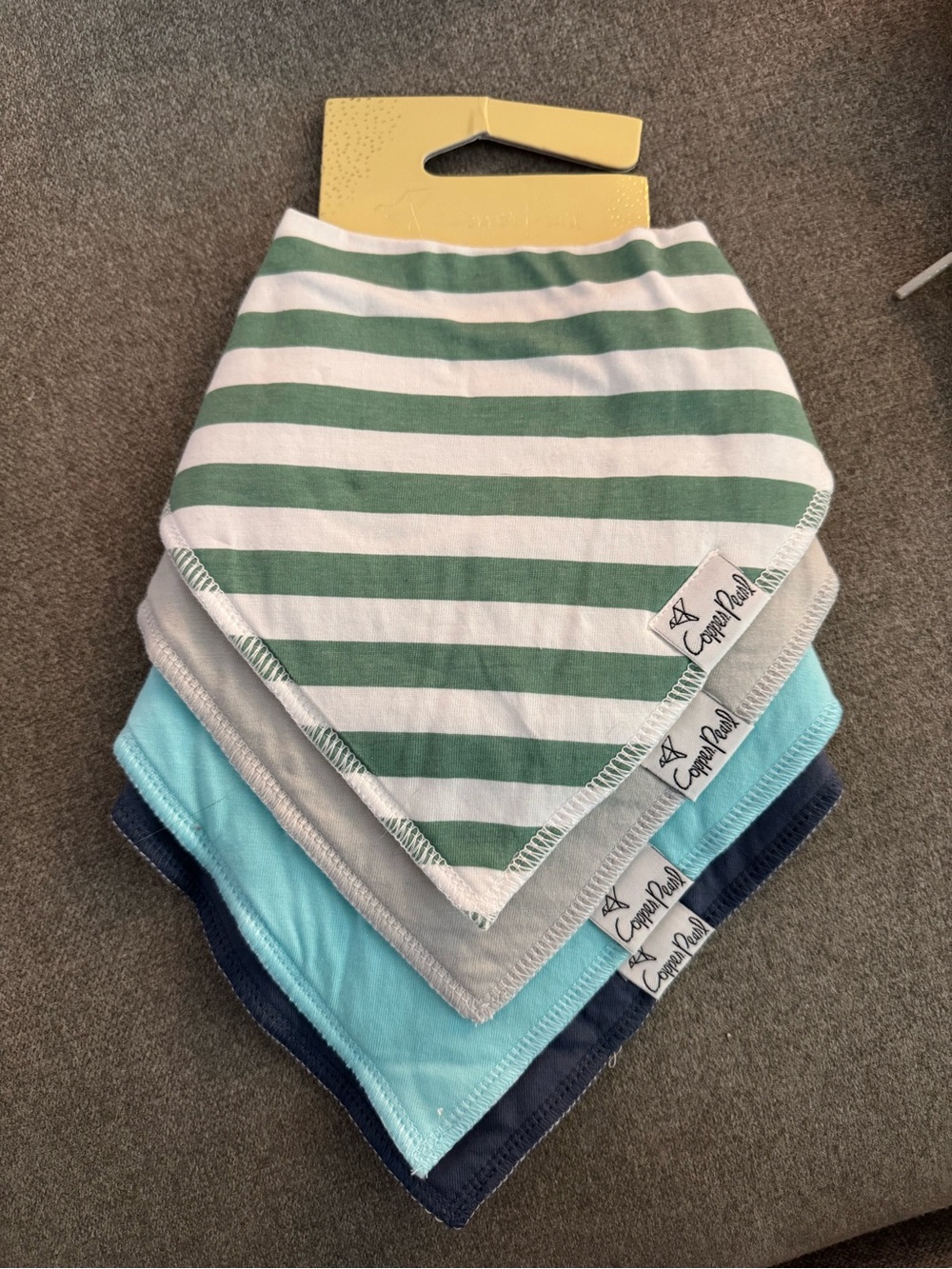 NWT Copper Pearl Oxford Baby Bandana Bibs 4 Pack Green Stripe + Blue & Gray Set